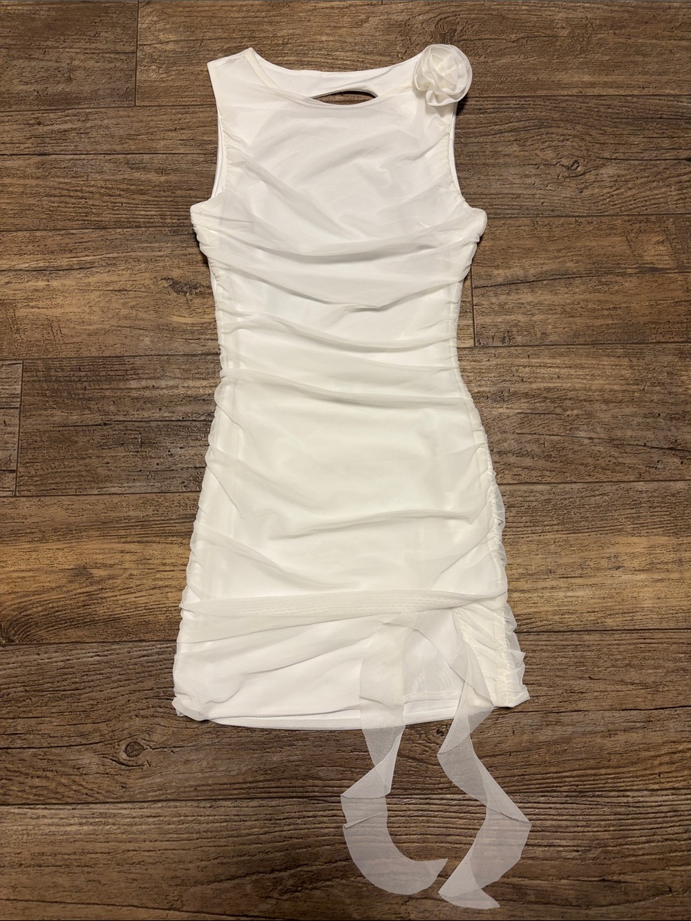 Princess Polly White Sleeveless Ruched Mini Dress with Floral Shoulder
